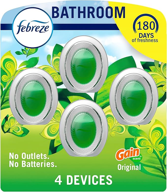 Febreze Bathroom Air Freshener, Odor-Fighting, Plug In Alternative, Air Fresheners for Home and Bathroom and Kitchen, Closet Air Fresheners, Gain Original Scent, 4 Count