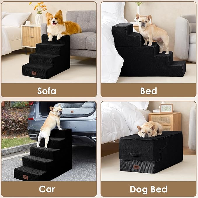 EHEYCIGA Dog Stairs for High Bed 25" H, 5-Step Extra Wide Dog Steps for Bed, Pet Steps for Small Dogs and Cats, Non-Slip Balanced Pet Ramp Indoor, Black
