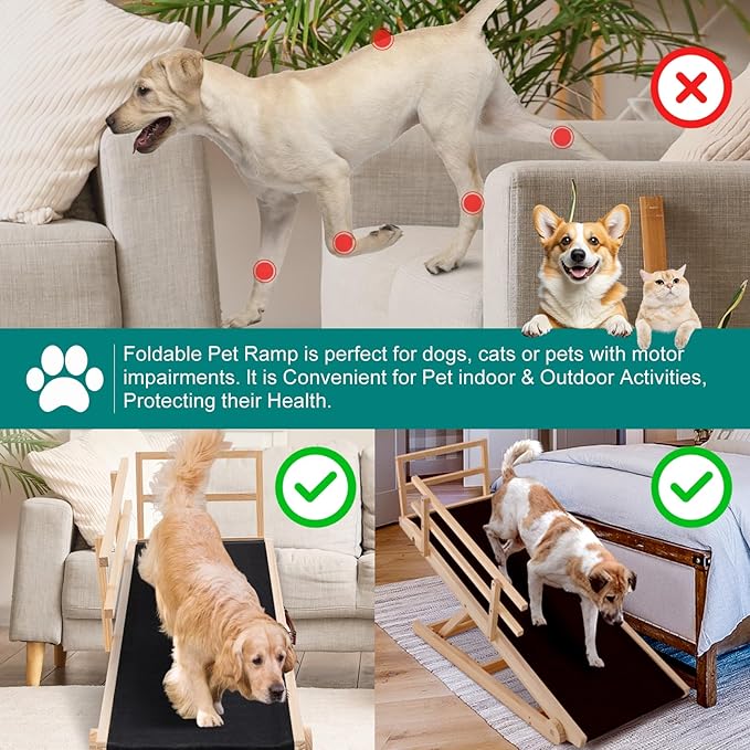 Dog Ramp for Bed, Adjustable Pet Ramps for Dog to Get on Bed, Non-Slip Rubber Surface - Folding Wooden Dog Ramp for Small/Large/Old Dogs, Adjustable up to 31 inch High Beds, Safety Railings