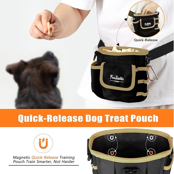 Dog Treat Pouch with Quick-Release Magnetic Closure, 3-Way Wear Treat Bags, 900D Waterproof Fabric, 4 Storage Spaces, Treat Pouch for Pet Training Walking (Black)