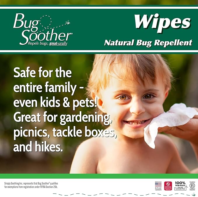 Bug Soother Wipes (100 ct) - Natural Insect, Gnat and Mosquito Repellent & Deterrent - 100% DEET-Free Safe Bug Wipes for Adults, Kids, & Pets - Made in USA