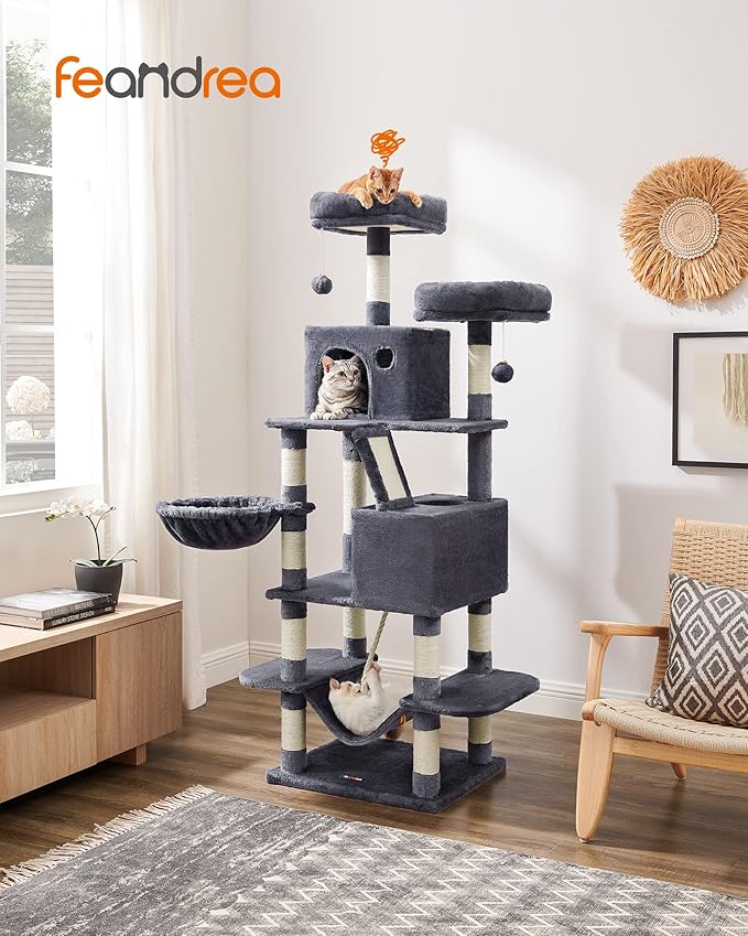 Feandrea Cat Tree, 66.1-Inch Large Cat Tower with 13 Scratching Posts, 2 Perches, 2 Caves, Basket, Hammock, Pompoms, Multi-Level Plush Cat Condo for Indoor Cats, Smoky Gray UPCT165G01