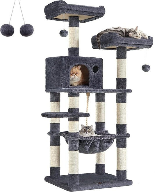 FEANDREA Cat Tree, Cat Tower for Indoor Cats, 56.3-Inch Cat Condo with Scratching Posts, Hammock, Plush Perch, Smoky Gray UPCT15GYZ