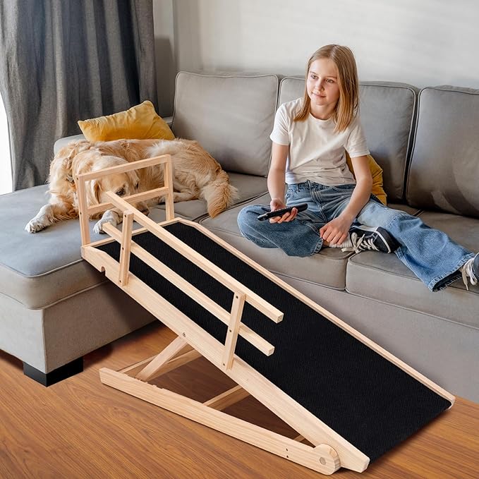 Dog Ramp for Bed, Adjustable Pet Ramps for Dog to Get on Bed, Non-Slip Rubber Surface - Folding Wooden Dog Ramp for Small/Large/Old Dogs, Adjustable up to 31 inch High Beds, Safety Railings