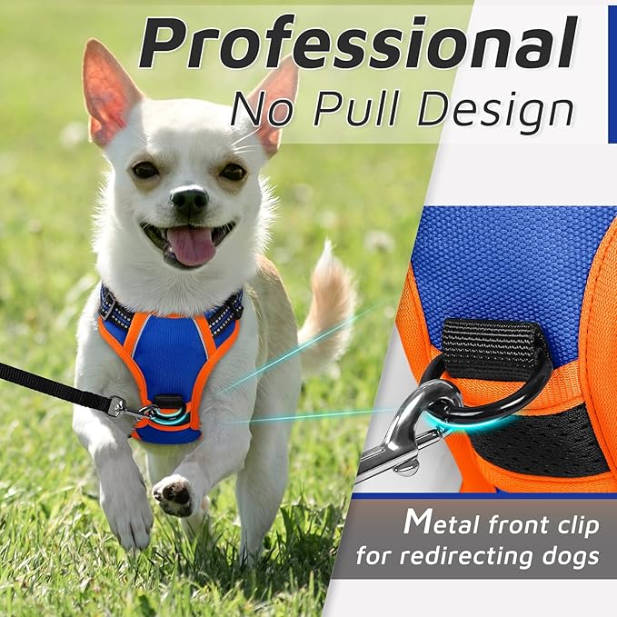 Eagloo Small Dog Harness No Pull, Service Vest with Reflective Strips and Control Handle, Adjustable and Comfortable for Walking, No Choke Pet Harness with 2 Metal Rings, Blue & Orange, XS