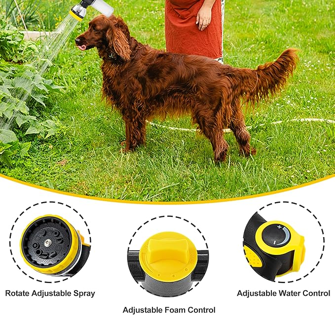 Dog Washing Hose Attachment, 10-in-1 Soap Sprayer Moden Garden Hose Nozzle with 100cc Soap Dispenser, Dog Wash Supplies with Dog Bath Brush & Pet Comb, Foam Gun Car Wash Sprayer (Yellow)