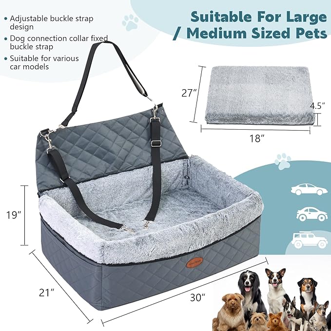 Dog Car Seat for Large/Medium Pet, Anti Slip Bottom Dogs Booster Seat for All Seasons,Pet Travel Bed with Thick Dog Sofa Cushion, Storage Pockets 2 Safety Leashes