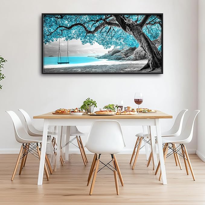 Extra Large Framed Abstract Tree Wall Art,Black and White Tree of Life Wall Decor,Blue Teal Sea Pictures for Living Room,Canvas Print Painting Modern Artwork Bedroom Office Bathroom 60L x 30W
