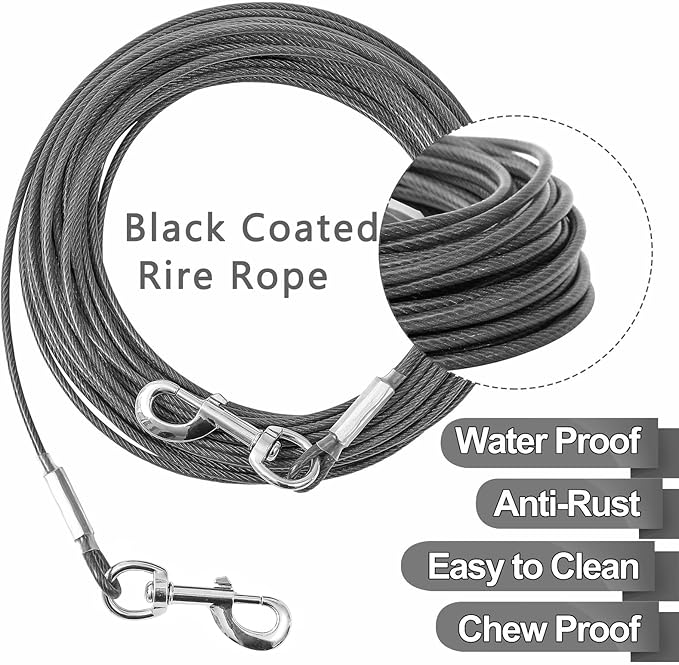 10FT Heavy Duty Dog Tie Out Cable for Large Dogs up to 125lbs, Durable Runner Tether Line (Black)