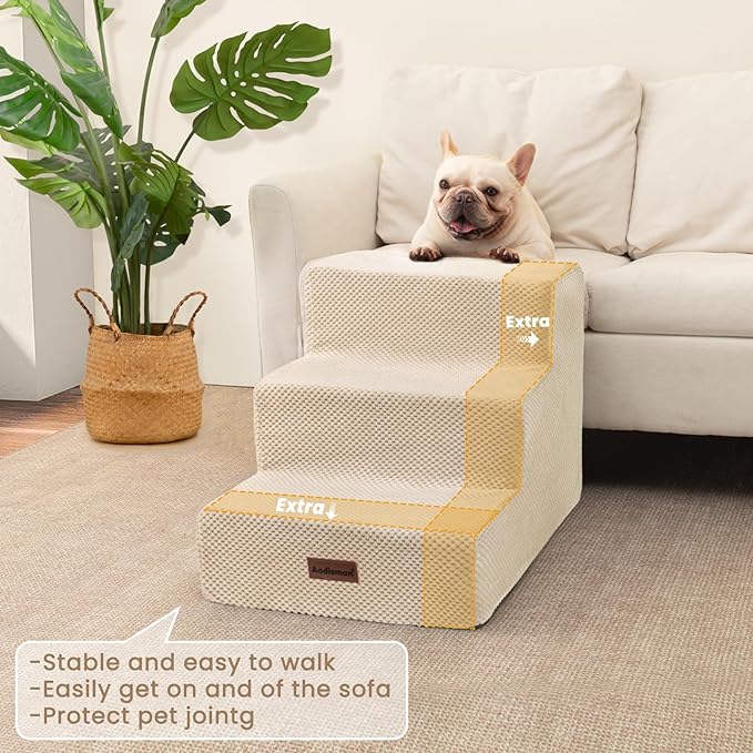 Dog Stairs for Small Dogs & Cats, 3-Step Extra Wide Non-Slip Pet Steps for Couch Sofa and Chair, Beige, 15.7" H