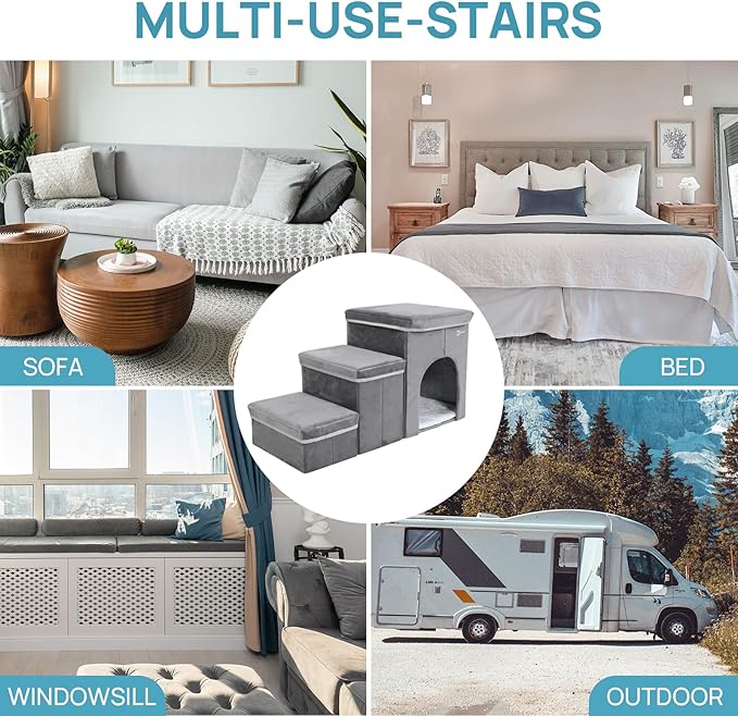 Foldable Pet Stairs for Beds & Sofas - Non-Slip Dog Steps with Storage for Small to Medium Dogs & Cats, Supports up to 120 lbs - Durable 2 & 3-Step Doggie Ladder for Easy Access