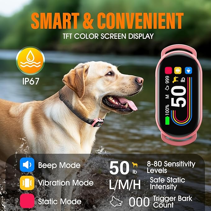 Smart Dog Bark Collar, for Small Medium Large Dogs 10-100lbs, Automatic Dog Training Collar to Decrease Barking, Anti Barking Device with 4 Training Modes, More 8 Sensitivity Levels, Pink