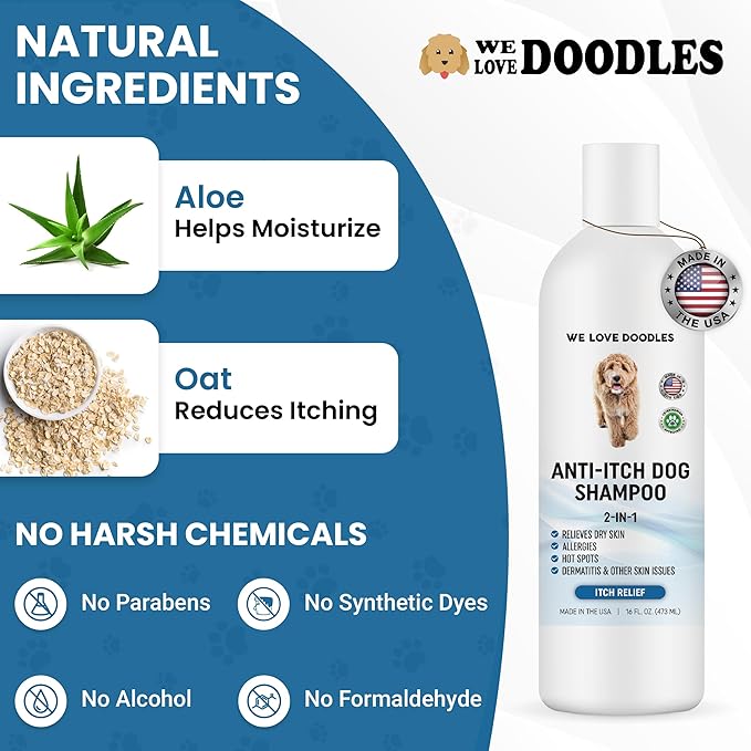Premium Anti Itch Dog Shampoo for Sensitive Skin, Made in USA, Dry Skin Treatment for Dogs, Great for Allergies, Itching, Hot Spots, Natural Ingredients & Allergy Relief, 16 OZ [We Love Doodles]
