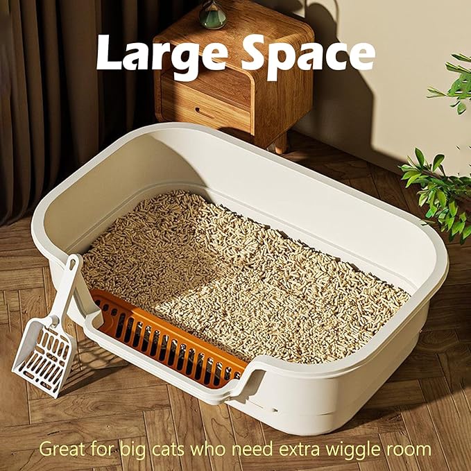 Extea Large Cat Litter Box with High Sides,Cat Boxes for Indoor Cats,Cat Litter Pan for Kitty,Litter Box with Low Entry,Easy to Clean,Anti-Splashing,23.6" x15.7" x6.2" (White)