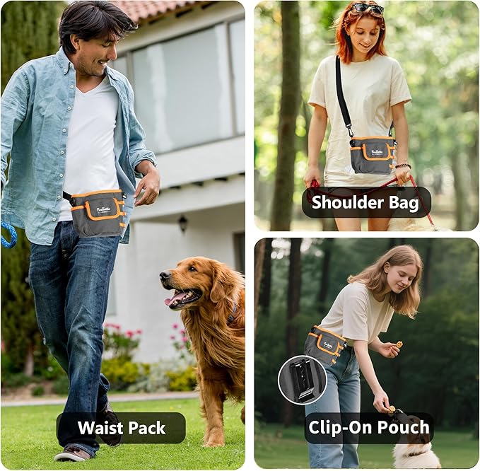 Dog Treat Pouch with Quick-Release Magnetic Closure, 3-Way Wear Treat Bags, 900D Waterproof Fabric, 4 Storage Spaces, Treat Pouch for Pet Training Walking (Grey)