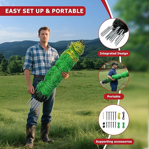 Electric Fence Netting, 49.6" H x 164'L, Electric Poultry Fence, Net Fencing Kit, Movable Livestock Nets for Yard,Backyards,Farms,Ranches, Energizer Not Included