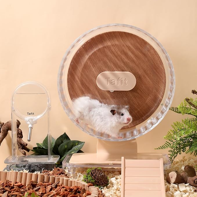 Silent Hamster Wheel 8.7 Inch Dual-Bearings Quiet Running Exercise Wheels with Wood Grain Backboard, Height Adjustable for Dwarf Hamsters, Gerbils, Mice, Hedgehog, Lemmings, Warm Brown