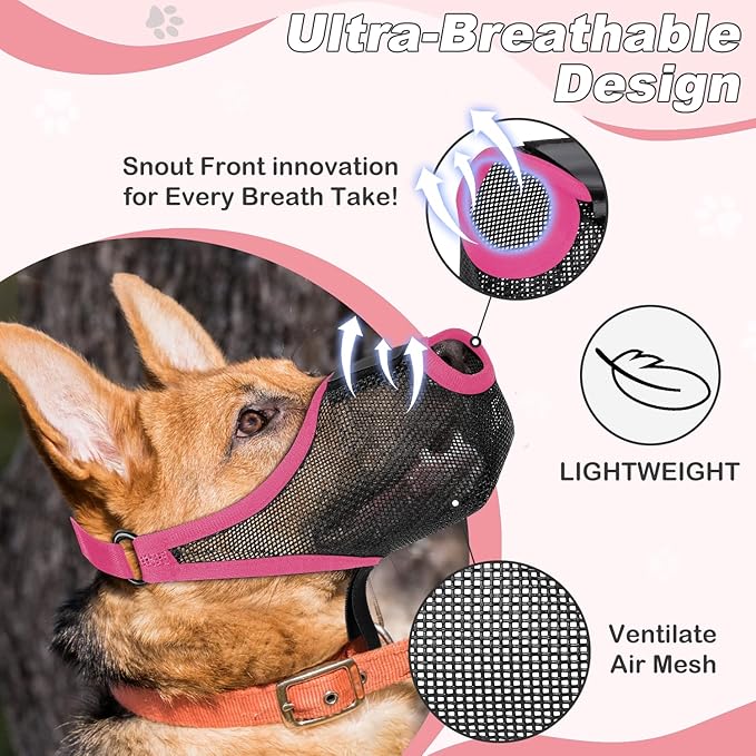 Dog Muzzle, Soft Air Mesh Muzzle for Small Medium Large Dogs Anti Biting Barking Chewing Scavenging, Breathable Adjustable Loop Pets Muzzle with Front Opening Design Allows Panting Drinking (Pink,XL)