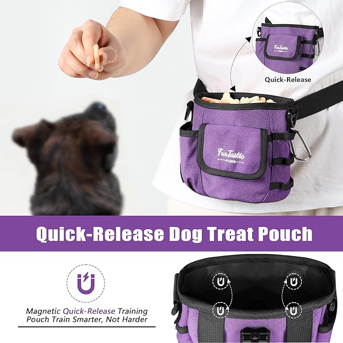 Dog Treat Pouch with Quick-Release Magnetic Closure, 3-Way Wear Treat Bags, 900D Waterproof Fabric, 4 Storage Spaces, Treat Pouch for Pet Training Walking (Purple)