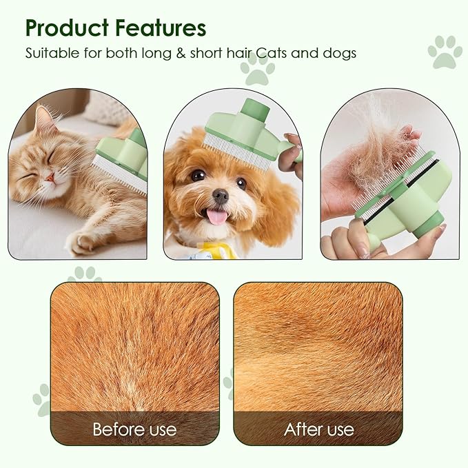 Flea Comb for Cat Hair Removal Comb, 2025 New Self-Cleaning Flea Brush for Cats and Dog, Comfort Cat Hair Removal Tool with Long & Short Stainless Steel Metal Grooming Brush(Green)