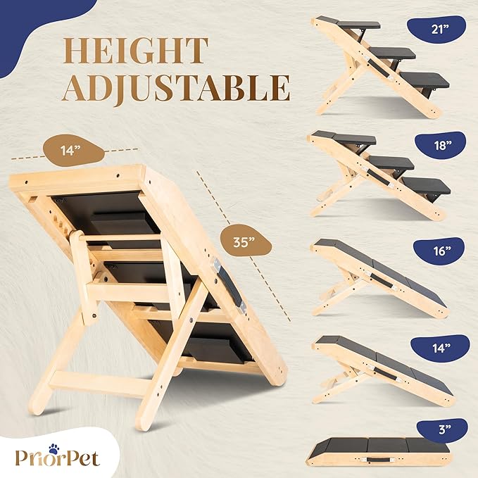 Dog Steps for Bed & Couch 2-in-1 Dog Stairs/Ramp - Height Adjustable Dog Ramp for Couch 7” - 20” - Pet Stairs, Dog Stairs for Small Dogs - Easy to Move Pet Steps with Landing Platform, Natural