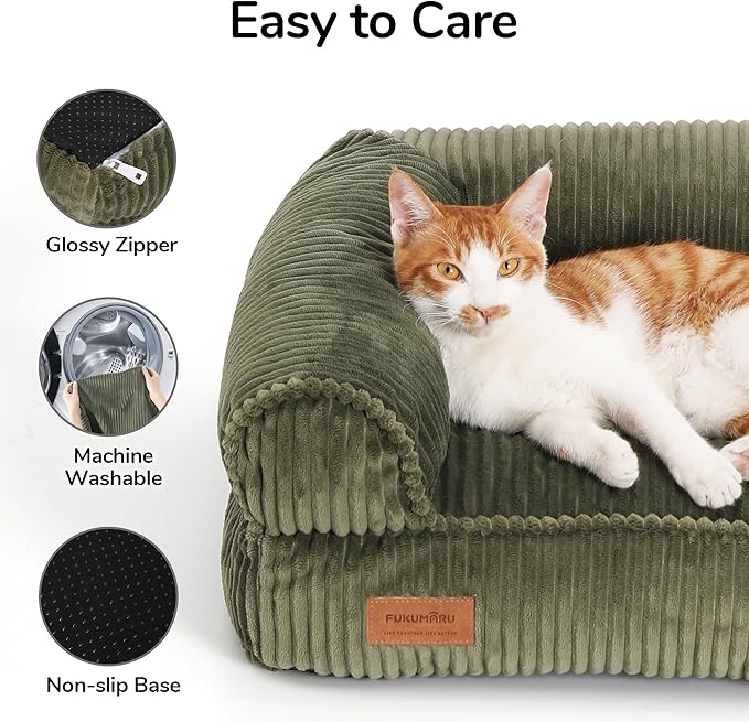 FUKUMARU Dog Couch Bed, Corduroy Cozy Cat Bed for Indoor Cats with Washable Cover, Supportive Waterproof Dog Beds Sofa for Small Dogs and Large Cats Cute, 28inch, Medium, Green