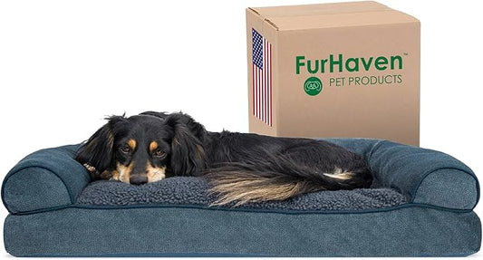 Furhaven Pillow Dog Bed for Medium/Small Dogs w/ Removable Bolsters & Washable Cover - Sherpa & Chenille Sofa - Orion Blue, Medium
