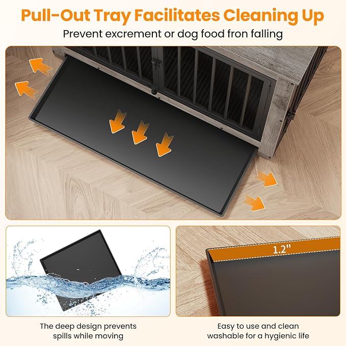 Dog Crate Furniture, Dog Crate End Table for Medium and Large Dogs,Wooden Cage Kennel Furniture Indoor, Modern Dog Crate with Multi-Purpose Removable Tray, Double-Doors Dog Furniture