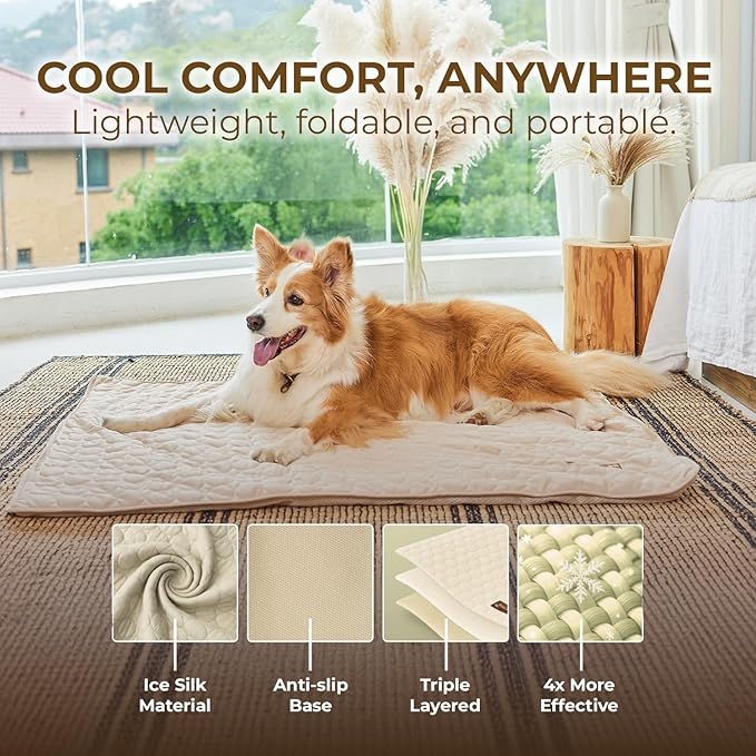 Dog Cooling Mat- Ice Silk Summer Comfort, Self Cooling, Non-Slip Dog Pad, Durable & Washable, Mat for Large Dogs 65x95 cm, Support Shelter Dogs with Every Purchase (Beige)