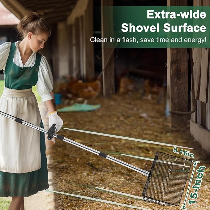 15-inch Large Chicken Poop Scooper, 5 in 1 Adjustable Chicken Coop Scoop with Ergonomic Grip, 24" to 77" Long Stainless Steel Sifting Litter Shovel Pooper Scooper Chicken Coop Accessories