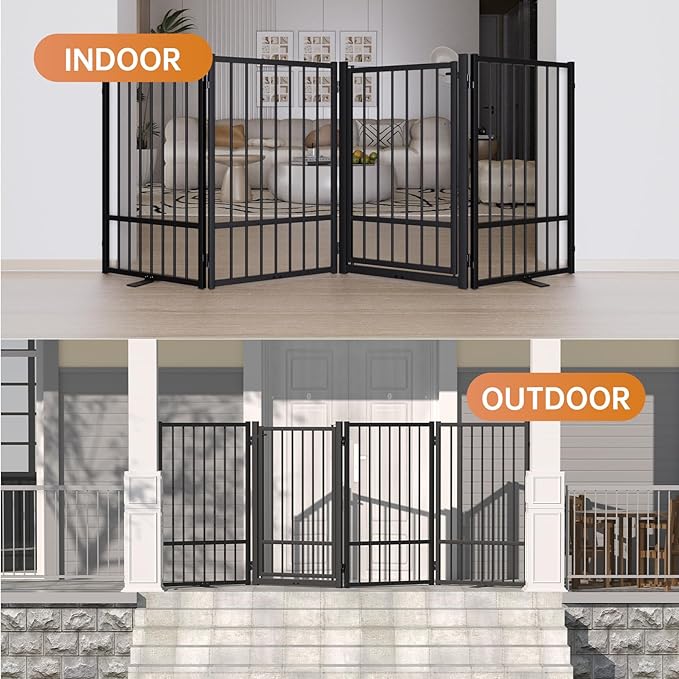 Full Metal Freestanding Dog Gate with Door, 32''Height Foldable Pet Dog Fence for Indoor & Outdoor, 6 Panels Extra Wide Free Standing TallDog Gates for Doorways,House,Stairs,Porch,Deck,Yard