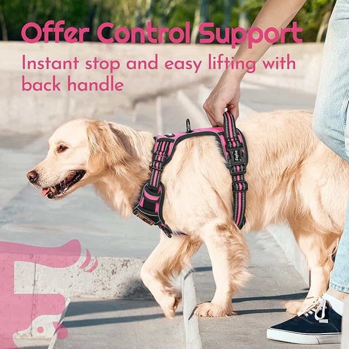 Eagloo Dog Harness for Large Dogs, Easy Wearing with 3 Buckles, Adjustable No Pull Pet Harness with 2 Rings for Walking, No Chock Reflective Soft Padded Vest with Control Handle, Pink & Black, XL