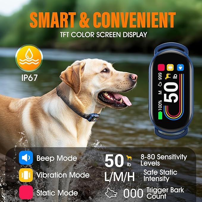 Smart Dog Bark Collar, for Small Medium Large Dogs 10-100lbs, Automatic Dog Training Collar to Decrease Barking, Anti Barking Device with 4 Training Modes, More 8 Sensitivity Levels, Blue