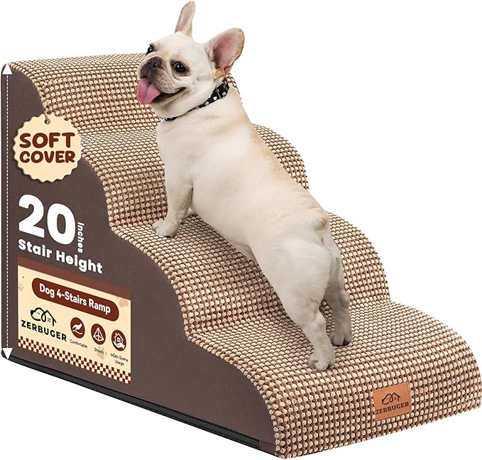 Dog Ramp and Stair for Bed 16" H-20 H,3-Step Cat Stair for Sofa and Chair,4-Step Dog Ramp for High Bed and Window,Durable Nonslip Fabric Cover for Indoor (Coffee-20 H, Pet Friendly, 4)