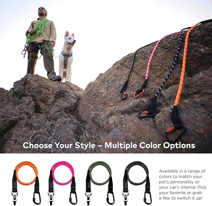 Dog Seat Belt for Car | Universal Dog Car Seatbelt | Durable Reflective Rope with Clip Hook Latch, Buckle and Carabiner- Safe and Secure Pet Safety Restraint (Pink)