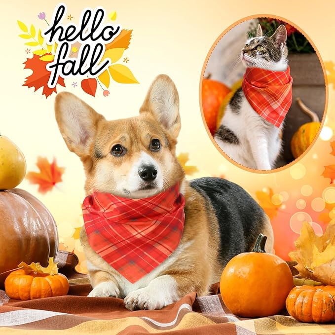 100 Pieces Fall Dog Bandanas Bulk Plaid Bandanas for Dogs Autumn Thanksgiving Soft Doggie Bibs Adjustable Triangle Scarves for Small Medium Large Pet Fall Autumn Costume