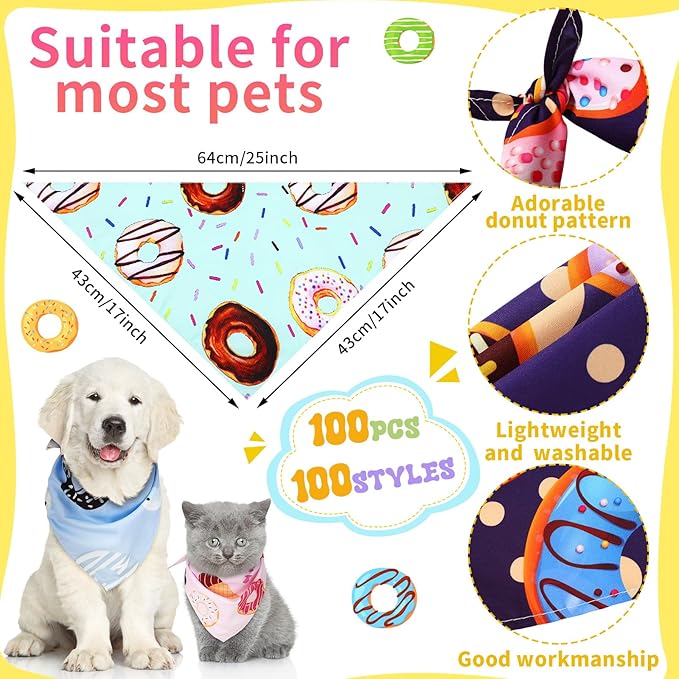100 Pcs Dog Bandanas Bulk Pet Bibs Colorful Triangle Scarf Pet Bandanas for Medium Large Dogs Spring Summer Birthday Costume Decoration (Donut)