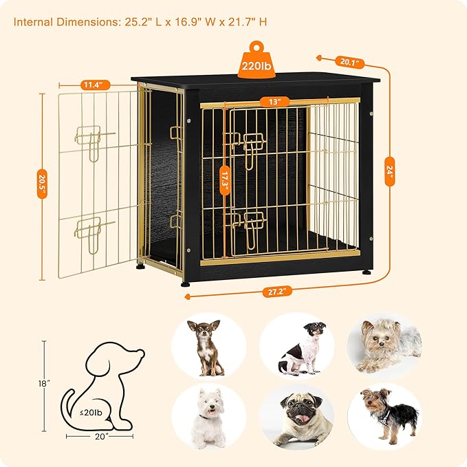 DWANTON Dog Crate Furniture with Cushion, Wooden Kennel Table with Double Doors, Indoor Dog House, Small/Medium/Large Size, 27.2" L, Black+Gold