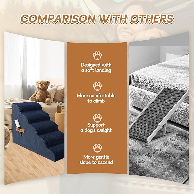 Dog Stairs, Romrol Dog Steps Ramp for High Bed and Couch, Dogs Ramp with Durable Non-Slip Waterproof Fabric Cover, Pet Stairs for Small Dogs and Cats or Pets Joints, 4-TiersNay