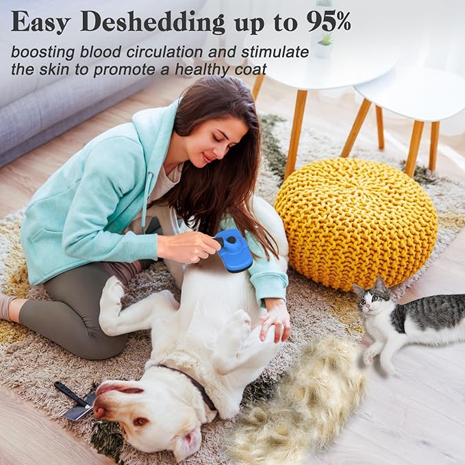 Self-Cleaning Brush for Pet Deshedding - Skin-Friendly Grooming Tool for Dogs and Cats, Blue
