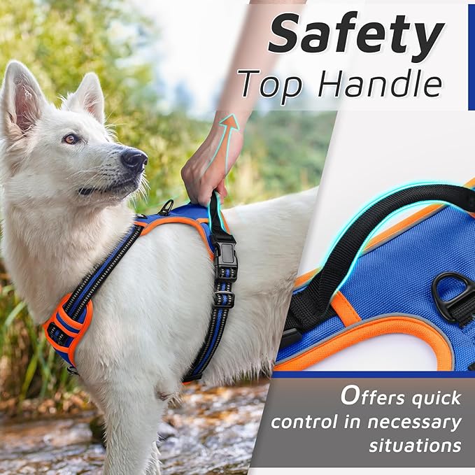 Eagloo Dog Harness for Large Dogs, No Pull Service Vest with Reflective Strips and Control Handle, Adjustable and Comfortable for Walking, No Choke Pet Harness with 2 Metal Rings, Blue & Orange, L