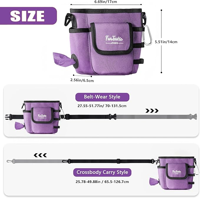 Dog Treat Pouch with Quick-Release Magnetic Closure, 3-Way Wear Treat Bags, 900D Waterproof Fabric, 4 Storage Spaces, Treat Pouch for Pet Training Walking (Purple)