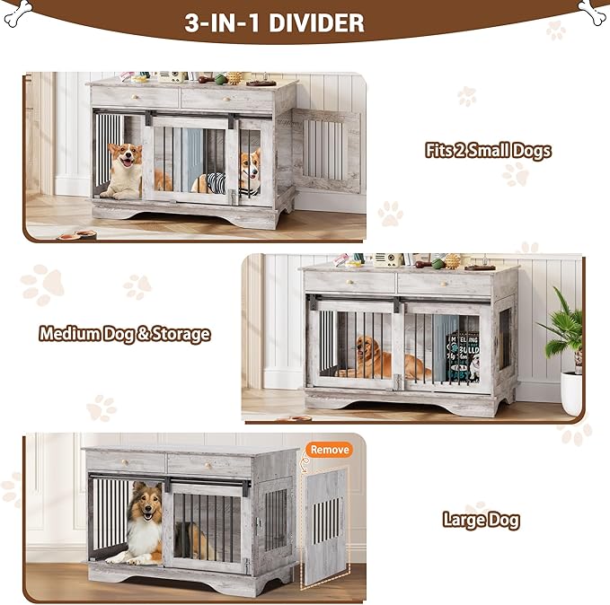 Dog Furniture Crate, 47" Large Dog Crate Furniture w/ 2 Storage Draws & Removable Divider for Large/Medium/Small Dogs (Grey, Double Cage)