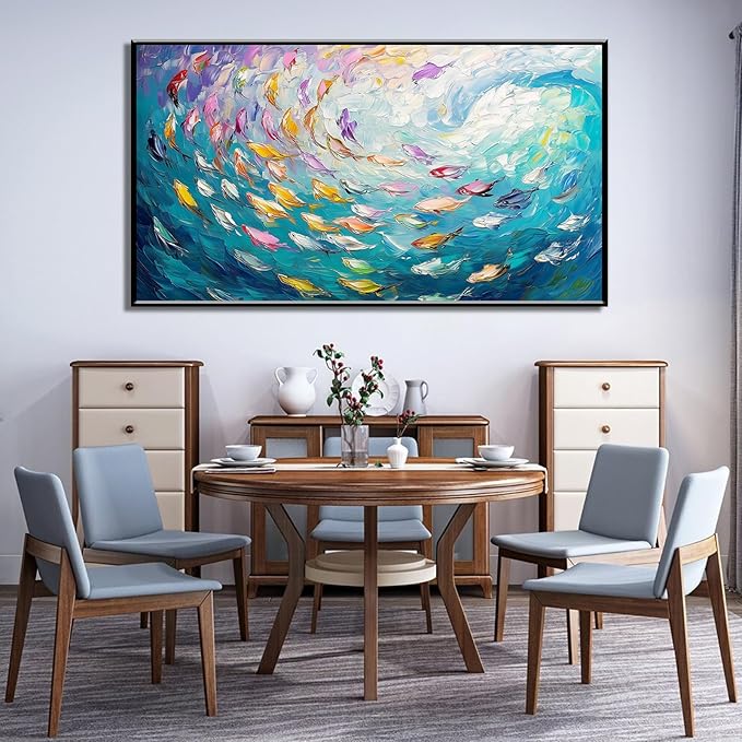 Fish Canvas Wall Art, Abstract School of Fish Canvas Wall Art, Ocean Picture Print, Sea Life Print Decor, Nautical Painting, Living Room, Bedroom, Bathroom Decor (Black Framed, 36"x20" | 92x52cm)