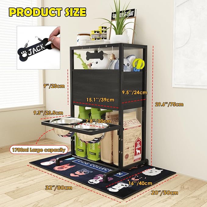 Elevated Dog Bowls, Height Adjustable Raised Dog Bowl Stand (4.5'' to 12''), Organizer Bowl Holder for Large Medium Dogs