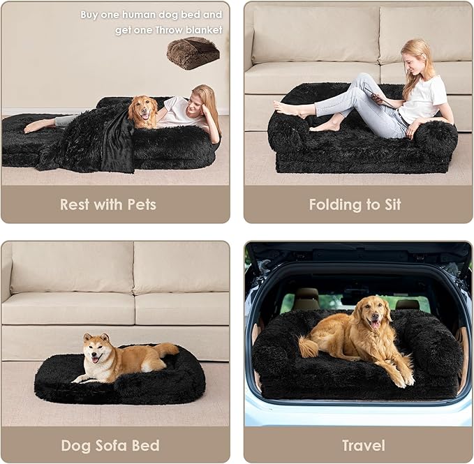 EHEYCIGA Foldable Human Dog Bed, Orthopedic Memory Foam Human Sized Dog Bed, Waterproof Pet Bed for People, Faux Fur Pet Couch for Adult, Black, 72"x44"x11"