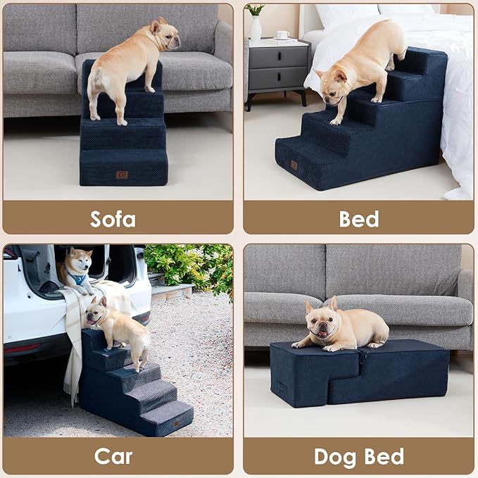 EHEYCIGA Dog Stairs for Bed 18" H, 4-Step Dog Steps for High Bed, Pet Steps for Small Dogs and Cats, Non-Slip Balanced Pet Ramp Indoor, Navy Blue