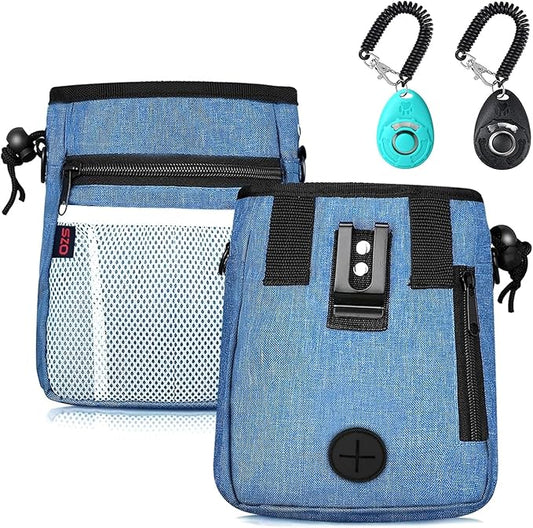 Dog Treat Pouch - 3 Ways to Wear Treat Pouches for Pet Training and 2 Pieces Clicker Taining for Dogs, Dog Training Treat Pouch Bag and Dog Clicker for Training with Waist Belt Shoulder Strap - Blue