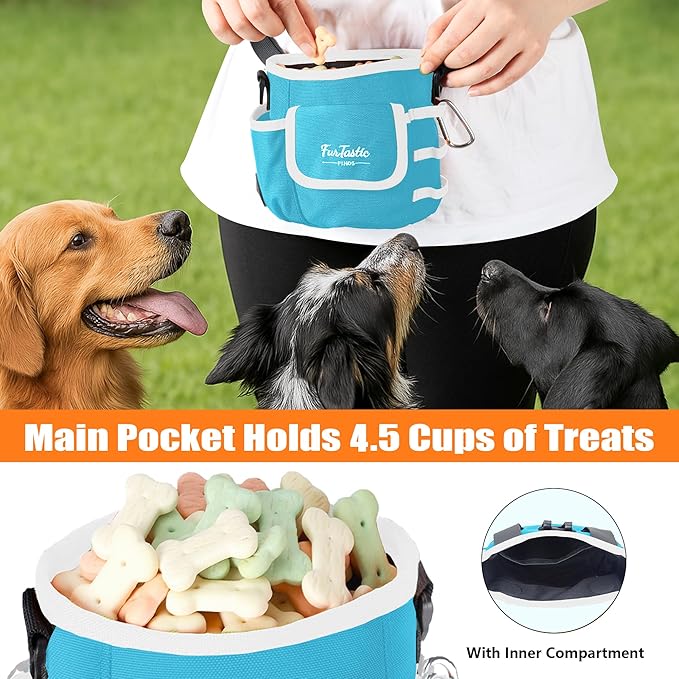 Dog Treat Pouch with Quick-Release Magnetic Closure, 3-Way Wear Treat Bags, 900D Waterproof Fabric, 4 Storage Spaces, Treat Pouch for Pet Training Walking (Blue)