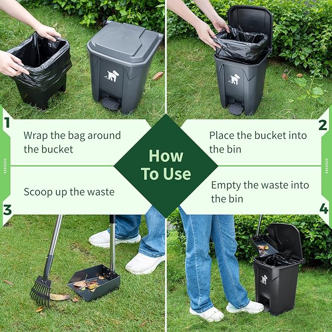 Dog Pooper Scooper, Dog Poop Trash Can Set with Removable Inner Bucket, Long Handle Rake, 150 Waste Bags, Easy Pick Up Poop Scooper, 20L Dog Poop Trash Bin for Small/Large Dog Families